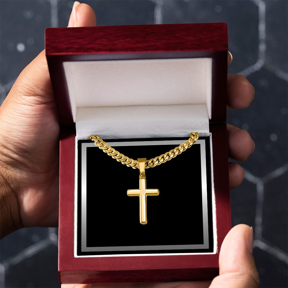 Artisan Gold or Silver Dipped Cross with Cuban Link Chain - Gift Box Included