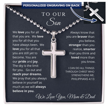 To Our Son From Mom and Dad Engraved Cross Necklace Graduation Gift for Son Men Jewelry Son Gift For Birthday Military Graduation Gift