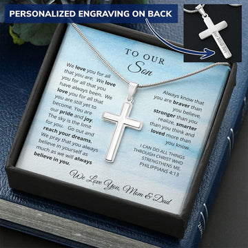 To Our Son From Mom and Dad Engraved Cross Necklace Graduation Gift for Son Men Jewelry Son Gift For Birthday Christmas Graduation Gift
