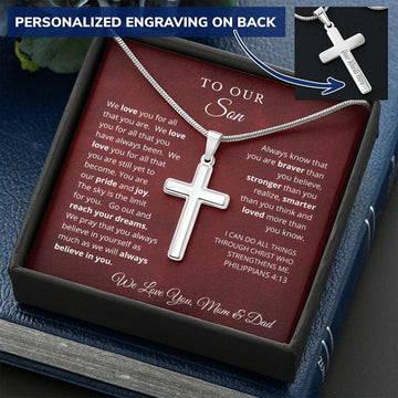 To Our Son From Mom and Dad Engraved Cross Necklace Graduation Gift for Son Men Jewelry Son Gift For Birthday Christmas Graduation Gift