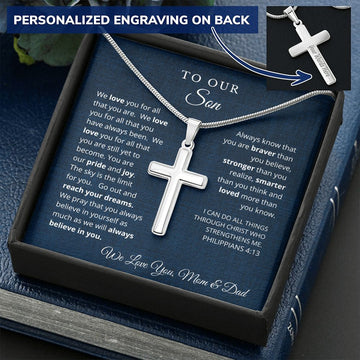 To Our Son From Mom and Dad Engraved Cross Necklace Graduation Gift for Son Men Jewelry Son Gift For Birthday Christmas Graduation Gift