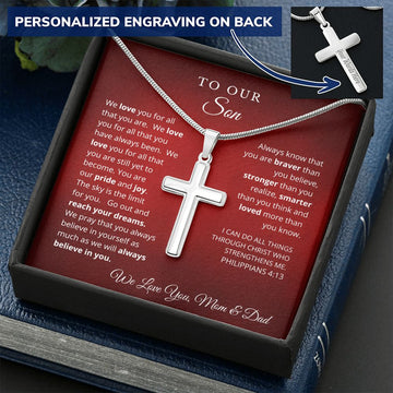 To Our Son From Mom and Dad Engraved Cross Necklace Graduation Gift for Son Men Jewelry Son Gift For Birthday Christmas Graduation Gift