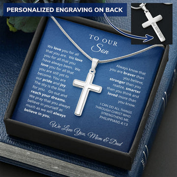 To Our Son From Mom and Dad Engraved Cross Necklace Graduation Gift for Son Men Jewelry Son Gift For Birthday Christmas Graduation Gift