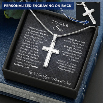 To Our Son From Mom and Dad Engraved Cross Necklace Graduation Gift for Son Men Jewelry Son Gift For Birthday Christmas Graduation Gift