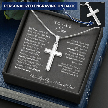 To Our Son From Mom and Dad Engraved Cross Necklace Graduation Gift for Son Men Jewelry Son Gift For Birthday Christmas Graduation Gift