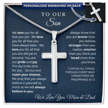 To Our Son From Mom and Dad Engraved Cross Necklace Graduation Gift for Son Men Jewelry Son Gift For Birthday Christmas Graduation Gift