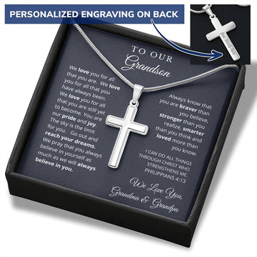 To Our Grandson -We Believe in You - Engraved Cross Necklace