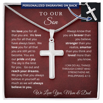 To Our Son From Mom and Dad Engraved Cross Necklace Graduation Gift for Son Men Jewelry Son Gift For Birthday Christmas Graduation Gift