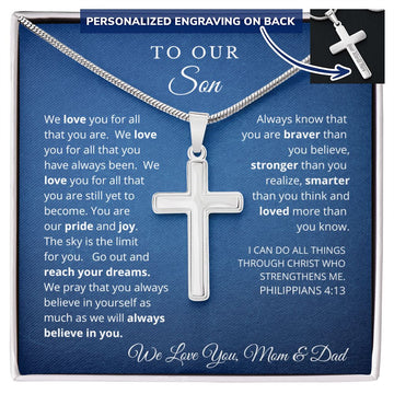 To Our Son From Mom and Dad Engraved Cross Necklace Graduation Gift for Son Men Jewelry Son Gift For Birthday Christmas Graduation Gift