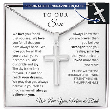 To Our Son From Mom and Dad Engraved Cross Necklace Graduation Gift for Son Men Jewelry Son Gift For Birthday Military Graduation Gift