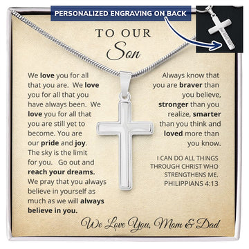To Our Son From Mom and Dad Engraved Cross Necklace Graduation Gift for Son Men Jewelry Son Gift For Birthday Military Graduation Gift