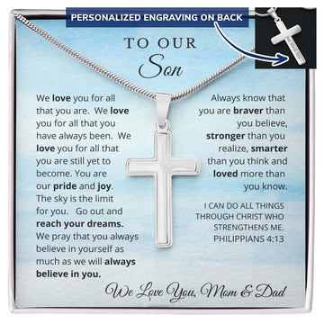To Our Son From Mom and Dad Engraved Cross Necklace Graduation Gift for Son Men Jewelry Son Gift For Birthday Christmas Graduation Gift