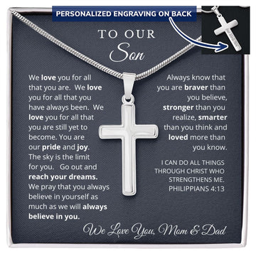 To Our Son From Mom and Dad Engraved Cross Necklace Graduation Gift for Son Men Jewelry Son Gift For Birthday Military Graduation Gift