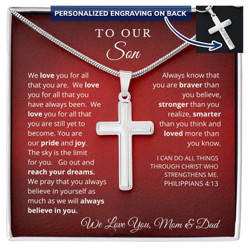 To Our Son From Mom and Dad Engraved Cross Necklace Graduation Gift for Son Men Jewelry Son Gift For Birthday Christmas Graduation Gift