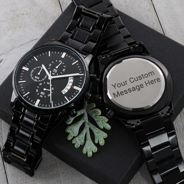 Personalized Black Stainless Steel Quality Luxury Quartz Watch- Free Engraving- Luxury Gift For Men